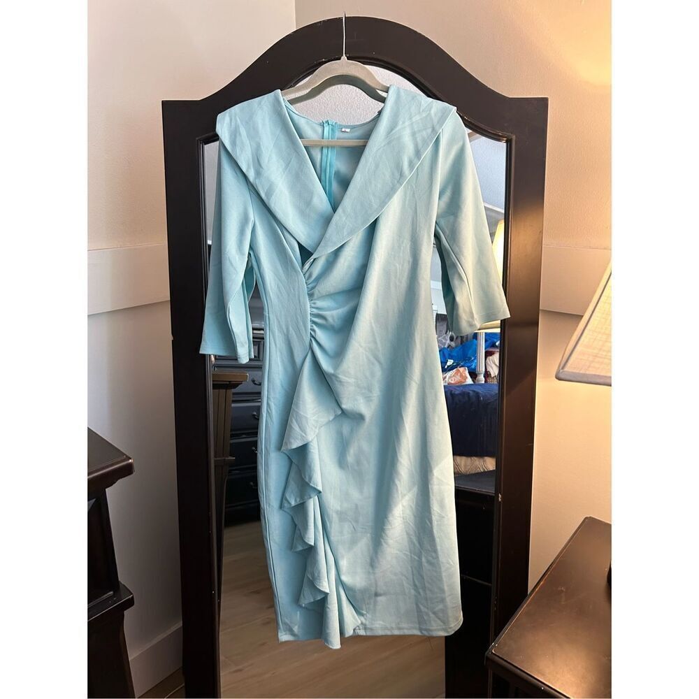 NEW 3/4 Sleeve Vintage Ruffle Ruched Bodycon Cocktail Midi Dress L